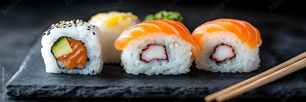 Poster Delectable assortment of traditional Japanese sushi rolls artfully arranged on a slate serving plate with chopsticks resting nearby creating an inviting and visually appealing culinary display