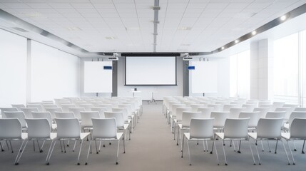 Fototapeta premium Spacious conference room with immaculate rows of white chairs, poised for a professional gathering under bright, natural lighting.
