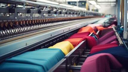 Fototapeta premium An industrial conveyor belt transports colorful fabric rolls in a factory setting, highlighting manufacturing processes and textile production.
