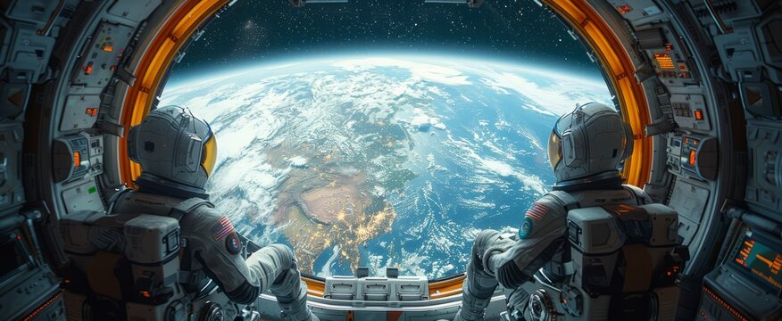 Fototapeta Two astronauts sit together, gazing out at the stunning view of Earth seen from the spacecraft's window, highlighting the planet's beauty and features