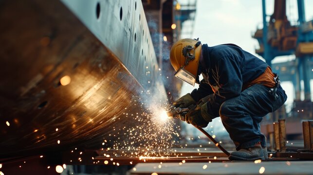 A close-up of a shipbuilder in a helmet and safety gear, welding steel plates on the hull of a large ship, with sparks flying