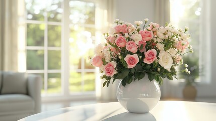 Elegant Vase with Beautiful Flowers on a White Table in a Bright and Sunlit Living Room Setting
