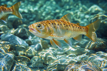 Naklejka premium Trout swimming gracefully in a clear freshwater river during daytime