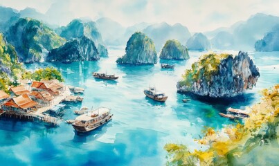 Obraz premium Watercolor Aerial view floating fishing village and rock island, Halong Bay, Vietnam, Southeast Asia. 