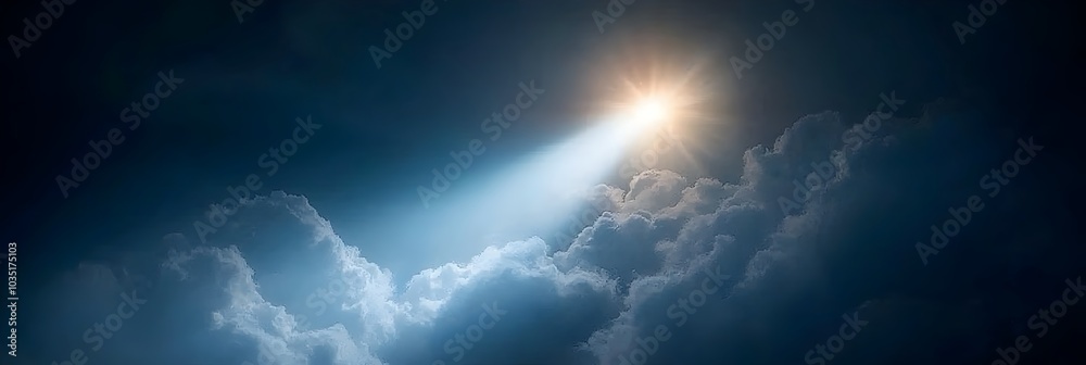 Poster dramatic sunlight breaking through dark ominous clouds casting a warm glowing beam of light and repr