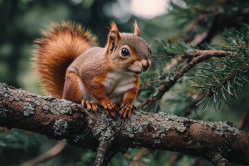 Obraz premium A curious squirrel perched on a mossy branch in a forest