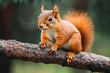 Obraz premium A curious squirrel perched on a branch in a lush forest
