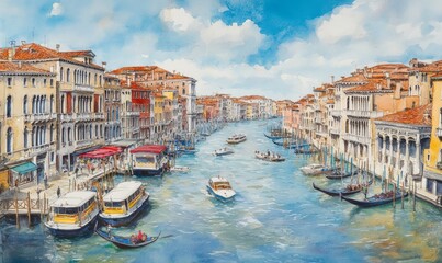 Fototapeta premium Watercolor Beautiful view of the Grand Canal with boats and colorful facades of old medieval houses from the Rialto Bridge in Venice, Italy. Venice is a popular