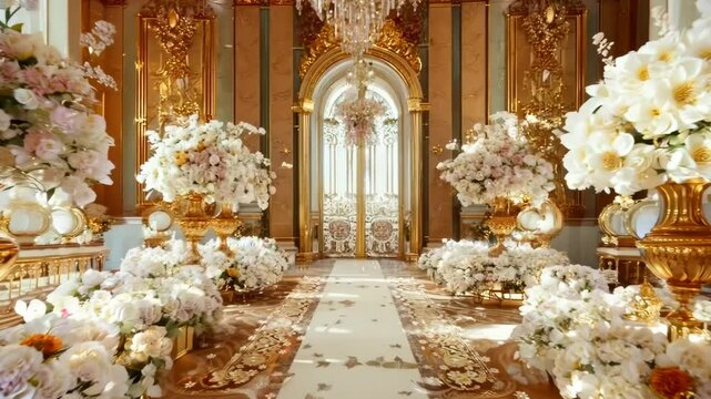Luxurious palace wedding with ornate gold decor and lavish floral arrangements, Video