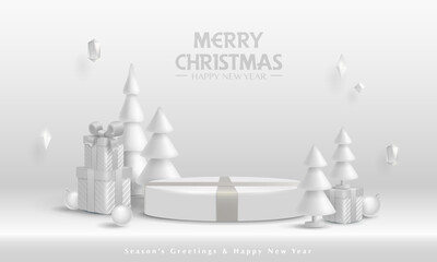 3D illustration of Christmas white theme product display background with Christmas festive decoration and podium.