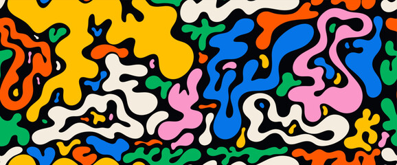 Seamless pattern with colored organic shapes. Template vector flat background in minimalist boho style. Wavy liquid distorted shapes. Abstract seamless pattern wavy background. Wavy concept background