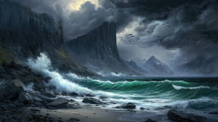 Obraz premium Dramatic Seascape with Dark Clouds and Turbulent Waves