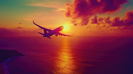 Obraz premium Airplane Flying at Sunset Over Calm Ocean Waters