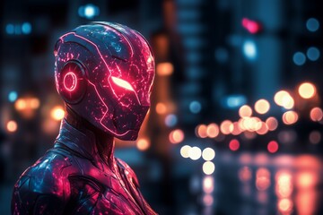 Futuristic female android with glowing features in a vibrant urban setting.