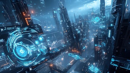 Virtual reality game environment with a sleek futuristic city backdrop and floating UI elements
