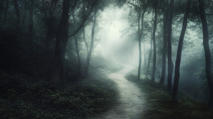 A forest path that disappears into a thick, dark mist.