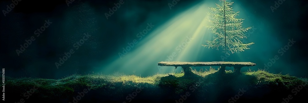 Poster ethereal light rays streaming through a serene tranquil forest landscape suggesting a sense of enlig
