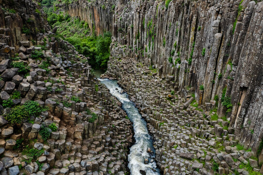 Aerial view of prismas basalticos park with breathtaking basalt columns and a winding river, Huasca de Ocampo, Mexico.