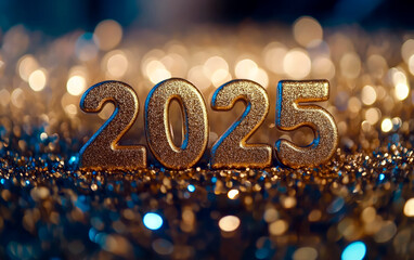 Golden numbers wishing a Happy New Year 2025 over festive background.