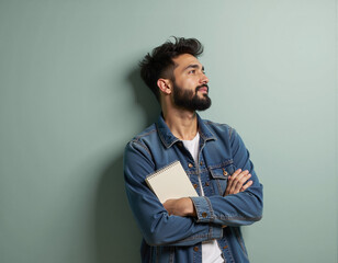 Thoughtful Young Man with Notebook Against Green Background