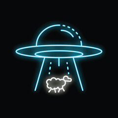 Blue neon icon of a ufo abducting a sheep with a tractor beam on a black background
