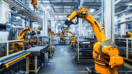 Fototapeta premium A row of robotic arms operating in an advanced automated industrial factory, performing precise tasks in a high-tech manufacturing facility with efficient production lines. 