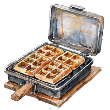 recommend clip art: A waffle iron clipart, kitchen appliance, watercolor illustration, black. Illustration, png isolated on an empty background