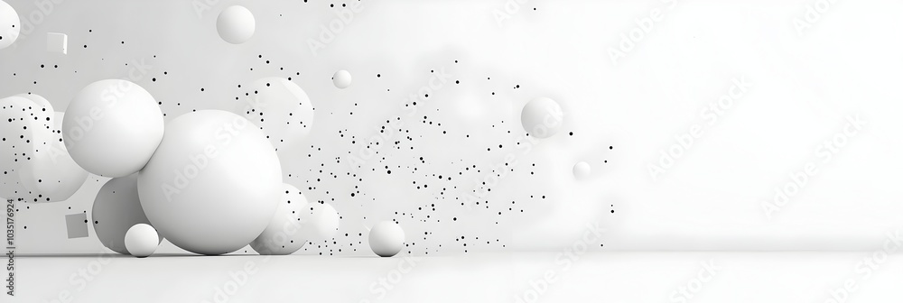 Poster Floating abstract 3D geometric spheres and cubes with soft shadows in a conceptual minimalist and futuristic digital The dynamic composition creates a sense of balance and clean modern design