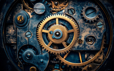 Close up of the inside of vintage clock mechanism. Antique texture background.
