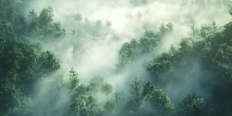 Obraz premium Dense mist surrounding towering pine trees in a serene forest landscape for a tranquil autumn feel