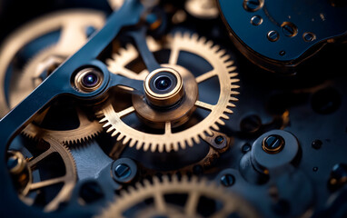 Close up of the inside of vintage clock mechanism. Antique texture background.