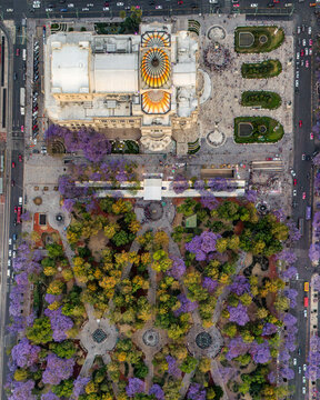 Aerial view of beautiful Bellas Artes and Alameda Central park with jacaranda trees in spring, Cuauhtemoc, Mexico.