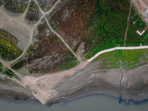 Aerial view of beautiful Lake Valle de Bravo with natural coastline and abstract patterns, Valle de Bravo, Mexico.