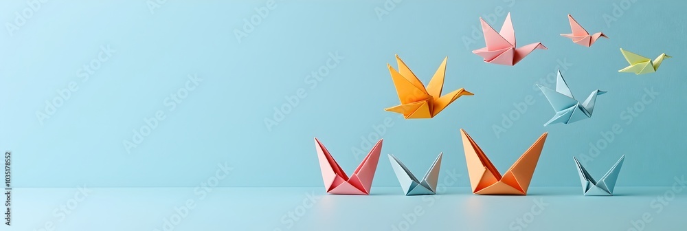 Poster Intricate and captivating geometric pattern created by folded origami style paper shapes  The abstract design features a symphony of colorful polygons triangles squares