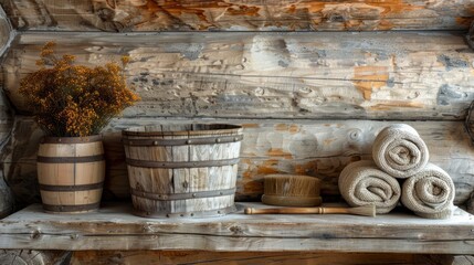 Fototapeta premium A cozy cabin interior showcases wooden shelves adorned with neatly rolled towels, a rustic basket, and dried flowers creating a relaxing atmosphere