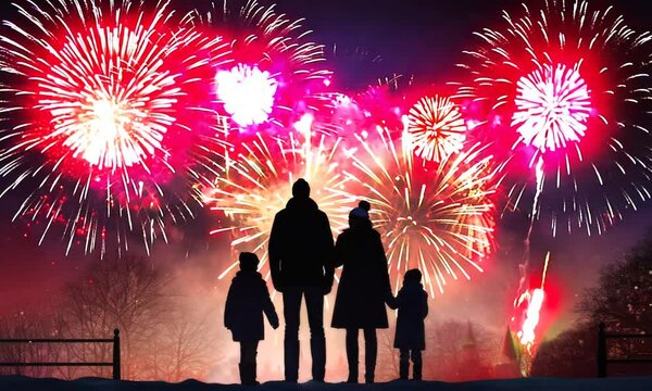 happy family enjoy the beautiful fireworks in the night sky