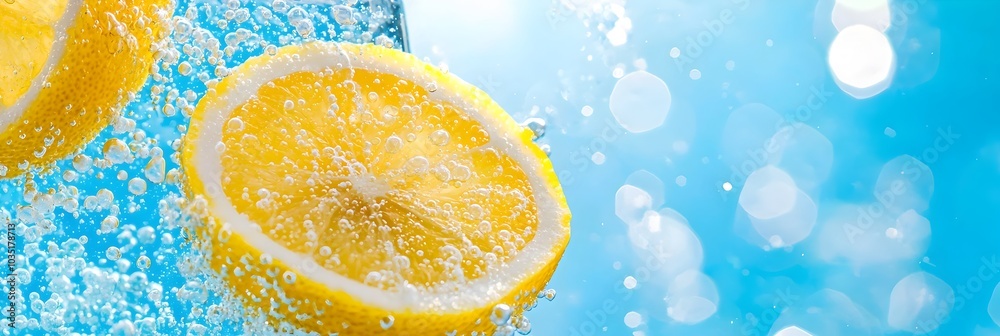 Poster Lemon Slices Gracefully Floating in Sparkling Water with Effervescent Fizzing Bubbles Evoking a Refreshing and Healthy Summertime Beverage
