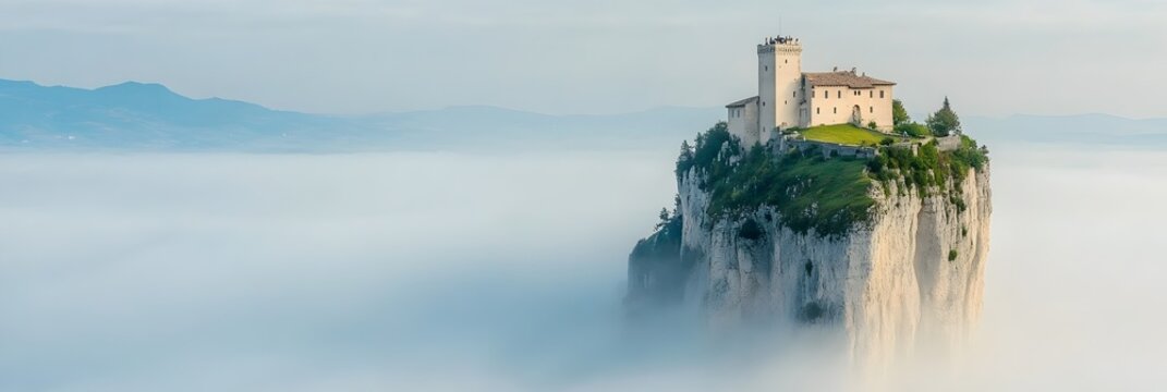 Majestic ancient castle perched atop a misty hilltop its stately towers and ramparts silhouetted against a dramatic atmospheric landscape