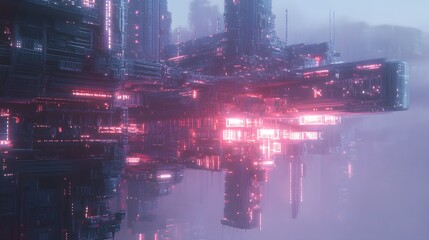 Surreal floating city blocks with neon lights and gravity-defying architecture