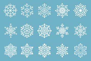 White snowflakes set isolated on blue background. Winter snow ice crystal icons. Christmas and New year snowflake ornament collection