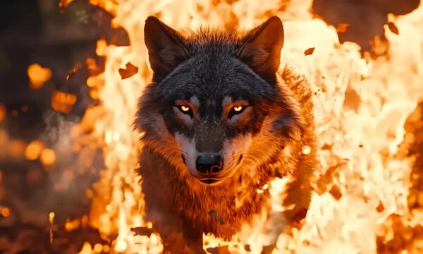 Wolf with glowing eyes surrounded by fire