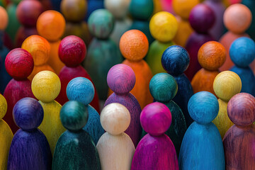 AItems of diversity, figures made of wood representing different personality characteristics in workplace, unique crowd, photorealistic