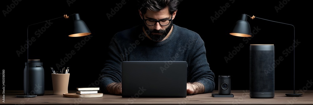 Fototapete Open laptop with coding software displayed on a sleek minimalist desk setup representing productivity technology and digital workspace