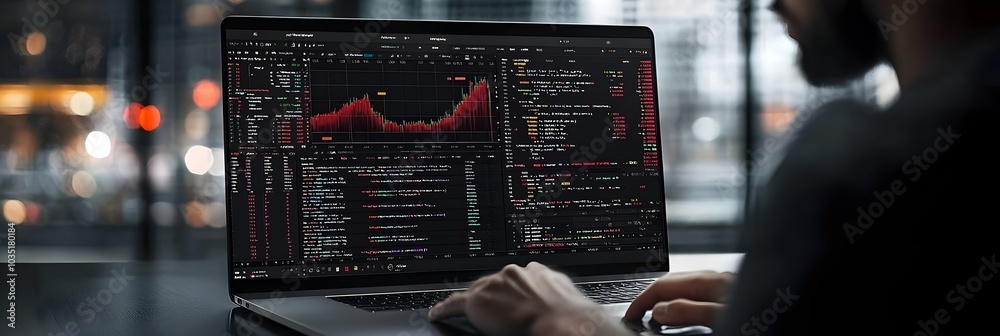 Poster Open Laptop with Coding Software Displayed on a Sleek and Modern Desk Showcasing a Productive Workspace for Technology Professionals