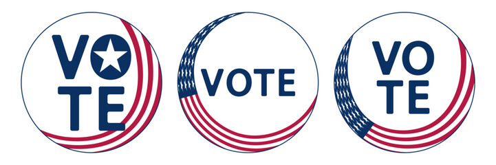 Collection of round abstract icons with the US flag and the text VOTE for the US presidential election. Vector illustration