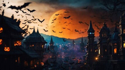 "Halloween City Background with Bokeh Effect and Bats for Flyers"