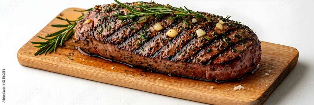 Aufkleber perfectly grilled and seasoned steak resting on a rustic wooden board complemented by the fragrant a