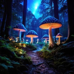 Fototapeta premium Illuminated mushrooms in a mystical forest under a starry sky.