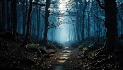 Fototapeta premium Misty forest pathway surrounded by tall trees and soft glowing light.