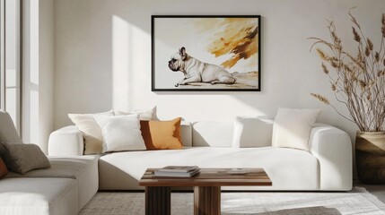 Stylish Scandinavian living room design with mint sofa, coffee table, furniture, plants, and a cute dog lying on couch. Template for home decor.